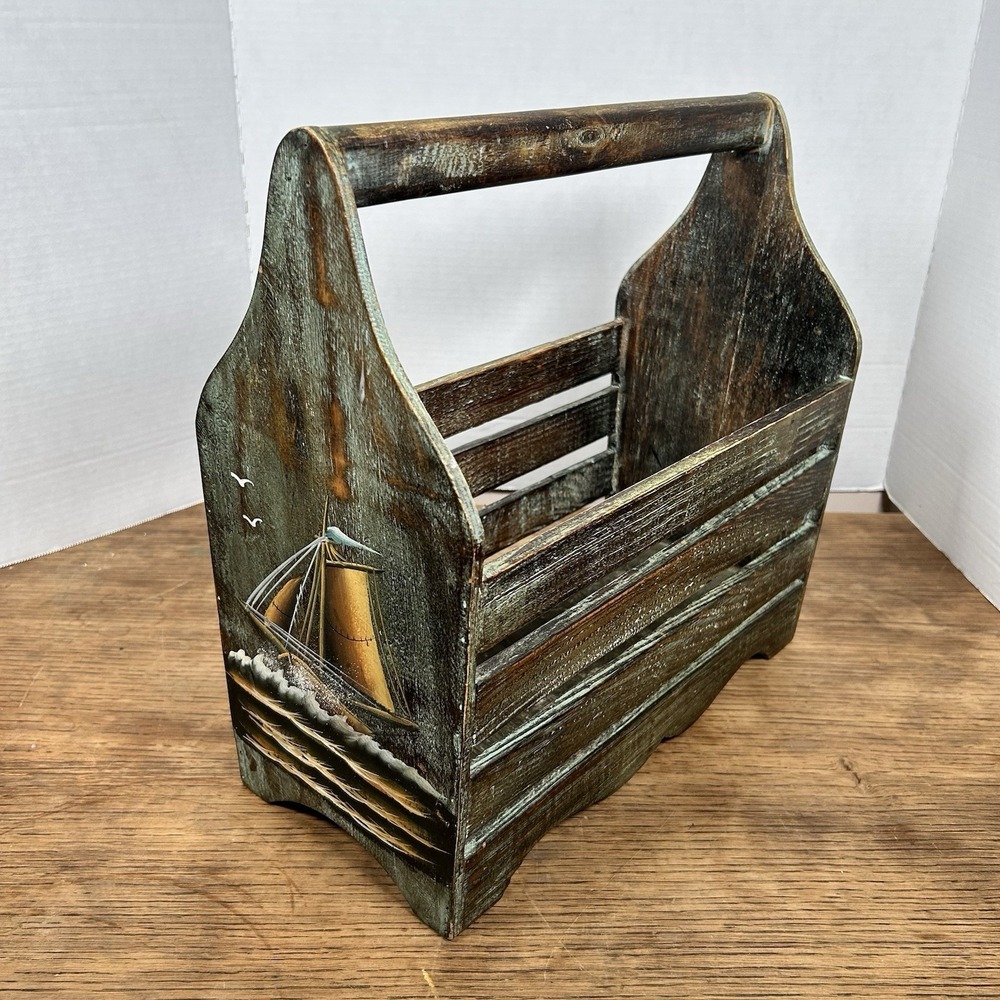 Vintage Wooden Magazine Holder Hand Painted Pirate Ship Wooden Ship Grannycore